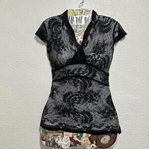 New York & Company Y2K 00s Goth Fairycore Black Sheer Mesh Lace Trim Blouse XS